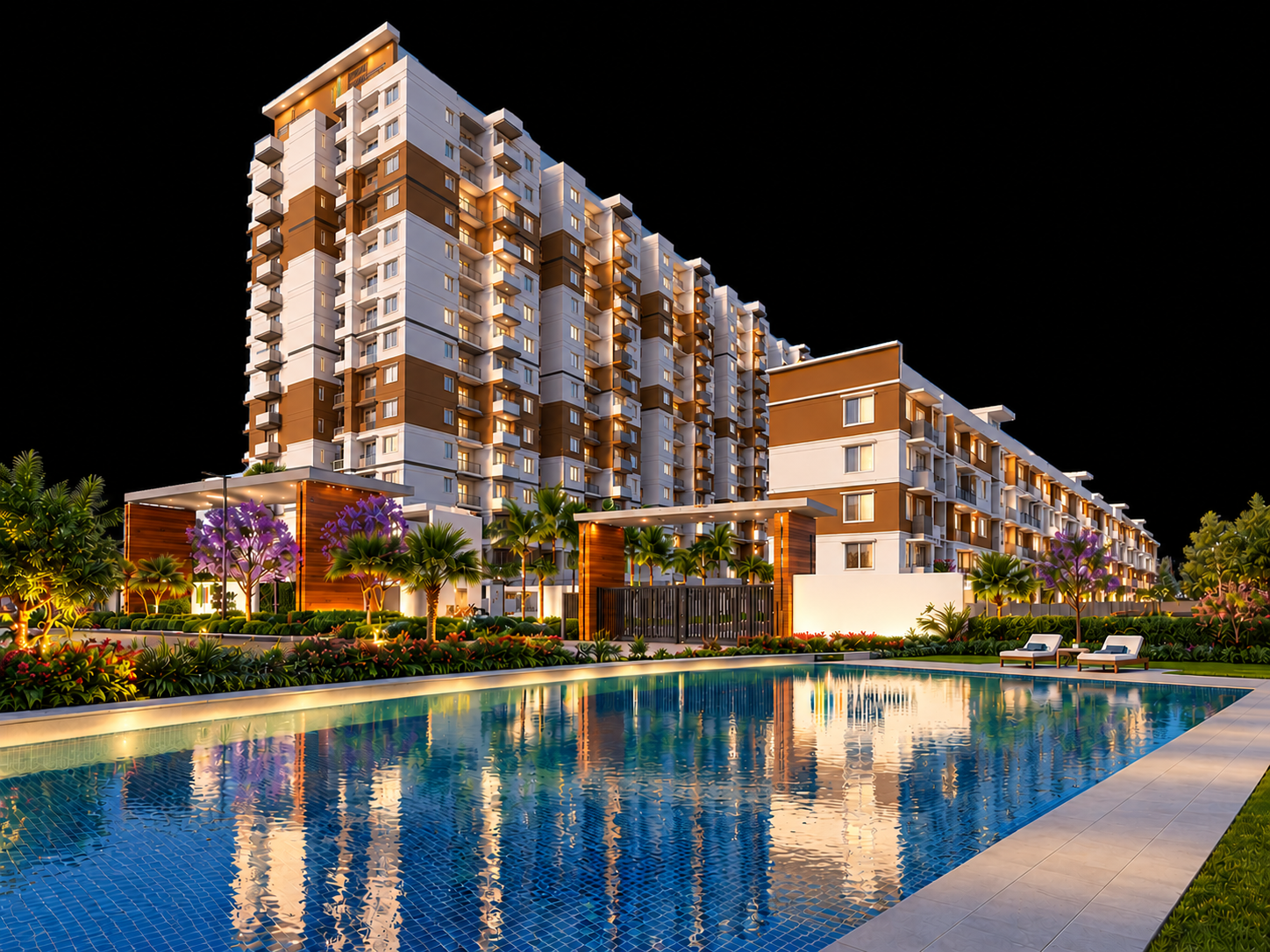 Modern building with flowering vines beside a rectangular swimming pool and palm trees.